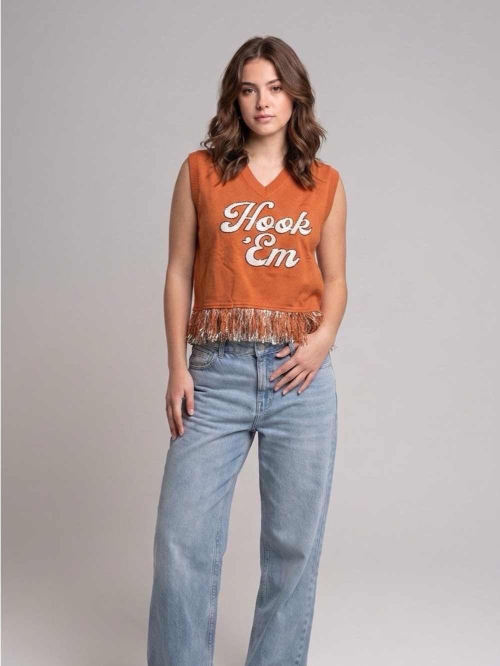 QUEEN OF SPARKLES Orange TEXAS  'Hook 'Em' Fringe Knit Vest